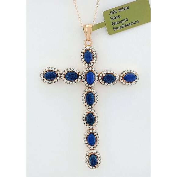 Genuine 6.10 Cts Blue & White Sapphire Cross Pendant Necklace .925 Silver